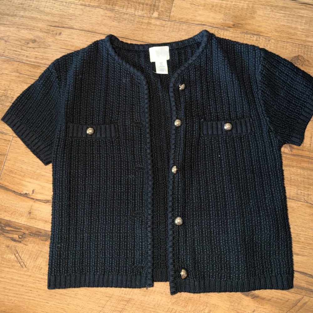 Black Short-Sleeve Button-Front Knit Cardigan
